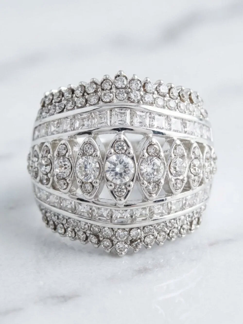 STUNNING Silver-Plated Multi-Row CZ Statement Ring Size 9 | Glamorous Bling 💎✨